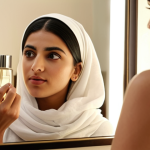 A captivating image of a confident young Arab woman holding a clear glass bottle of a skincare serum, looking thoughtfully at her reflection in a mirror. Her expression is one of understanding and serenity, having found the right path for her skin. The background is softly blurred, showcasing a well-organized array of various skincare products, emphasizing the journey of discovery and the vastness of options. Soft, warm lighting. High detail, realistic style, inviting and empowering. Arabic elegance in features and attire.