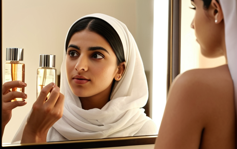 A captivating image of a confident young Arab woman holding a clear glass bottle of a skincare serum, looking thoughtfully at her reflection in a mirror. Her expression is one of understanding and serenity, having found the right path for her skin. The background is softly blurred, showcasing a well-organized array of various skincare products, emphasizing the journey of discovery and the vastness of options. Soft, warm lighting. High detail, realistic style, inviting and empowering. Arabic elegance in features and attire.