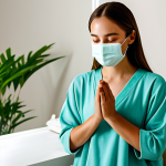 A serene young adult woman in modest, comfortable loungewear, gently applying a facial mask in a softly lit, tranquil personal wellness space. Her eyes are partially closed, conveying deep relaxation and mindfulness. The background features a clean, minimalist vanity with soft towels and a subtle green plant, enhancing the peaceful atmosphere. The lighting is soft and natural. fully clothed, appropriate attire, modest clothing, safe for work, appropriate content, perfect anatomy, correct proportions, natural pose, well-formed hands, proper finger count, natural body proportions, professional photography, high quality, family-friendly.