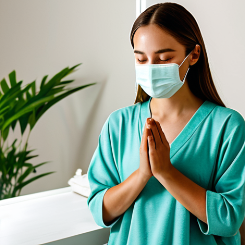Home 6 A serene young adult woman in modest, comfortable loungewear, gently applying a facial mask in a softly lit, tranquil personal wellness space. Her eyes are partially closed, conveying deep relaxation and mindfulness. The background features a clean, minimalist vanity with soft towels and a subtle green plant, enhancing the peaceful atmosphere. The lighting is soft and natural. fully clothed, appropriate attire, modest clothing, safe for work, appropriate content, perfect anatomy, correct proportions, natural pose, well-formed hands, proper finger count, natural body proportions, professional photography, high quality, family-friendly.