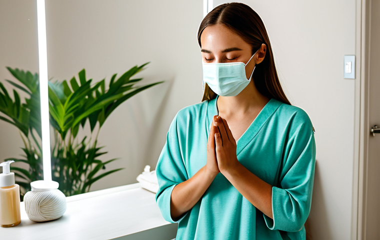 A serene young adult woman in modest, comfortable loungewear, gently applying a facial mask in a softly lit, tranquil personal wellness space. Her eyes are partially closed, conveying deep relaxation and mindfulness. The background features a clean, minimalist vanity with soft towels and a subtle green plant, enhancing the peaceful atmosphere. The lighting is soft and natural. fully clothed, appropriate attire, modest clothing, safe for work, appropriate content, perfect anatomy, correct proportions, natural pose, well-formed hands, proper finger count, natural body proportions, professional photography, high quality, family-friendly.